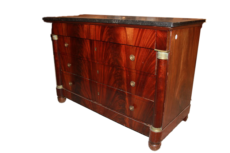 Cassettone Comò Stile Impero In Legno Di Mogano E Piuma Di Mogano Con Bronzi XIX secolo