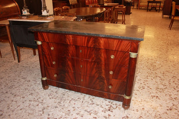 Empire-style mahogany chest of drawers with mahogany feather veneer and 19th-century bronzes