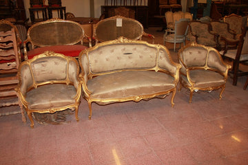 Salon français de style Louis XV en bois doré du milieu des années 1800 2 fauteuils 1 canapé