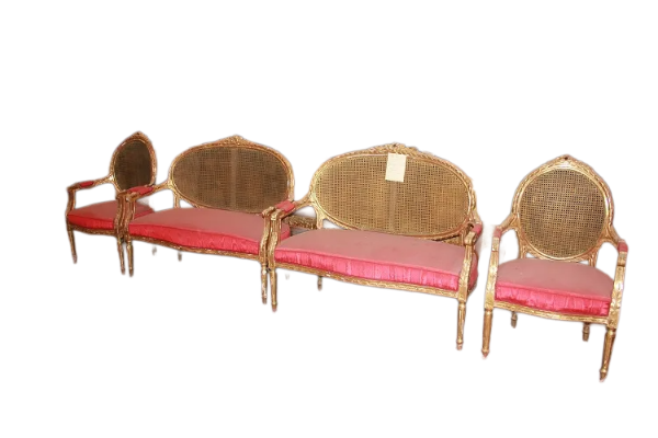 French Louis XVI Style Living Room Set Gilded with Gold Leaf from the 19th Century: 2 Sofas, 2 Armchairs