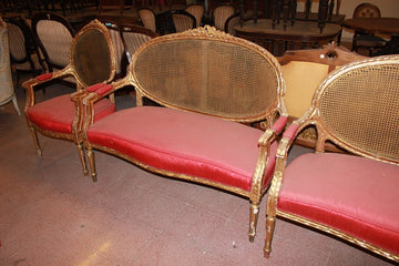 French Louis XVI Style Living Room Set Gilded with Gold Leaf from the 19th Century: 2 Sofas, 2 Armchairs