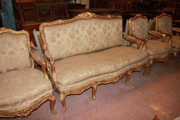 French Louis XV Style Living Room Set: 1 Sofa and 2 Armchairs, Gilded Wood with Gold Leaf
