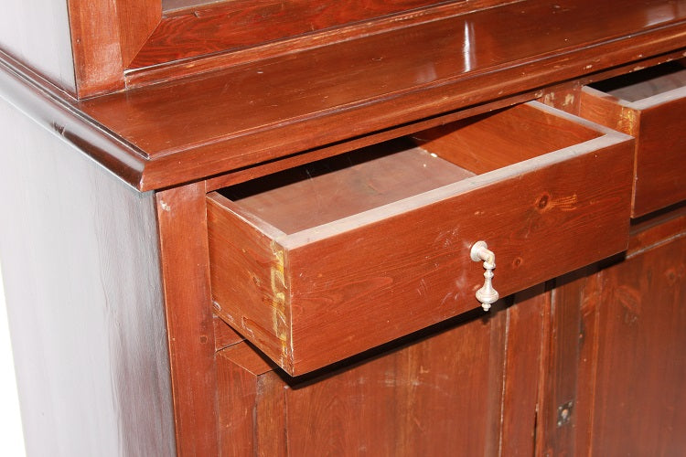 Credenza Libreria Italiana del 1800 in Legno di Abete tinto noce