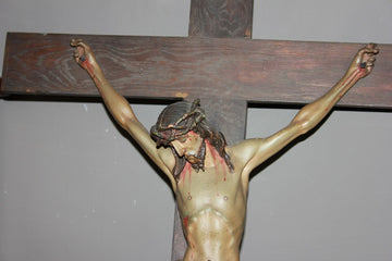 Grand Crucifix français en bois du 19e siècle
