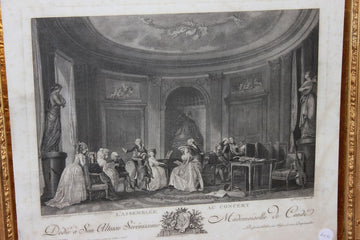 French Engraving from the 1800s depicting characters in an interior scene
