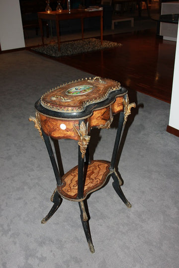 French plant stand from the 1800s, Napoleon III style, inlaid and with porcelain