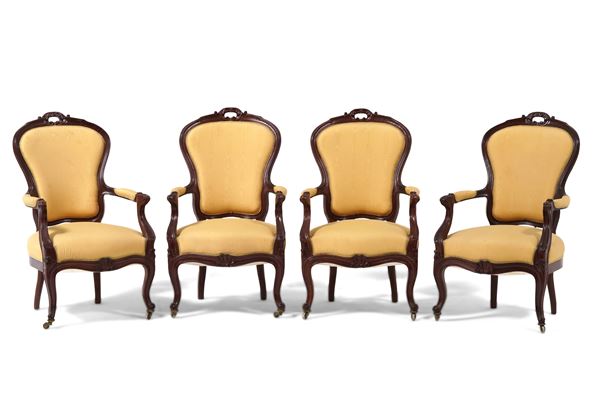 Set von Vier Armstühlen mit Gelbem Stoff, Ende des 19. Jahrhunderts, 57x57x97 cm pro Stück
