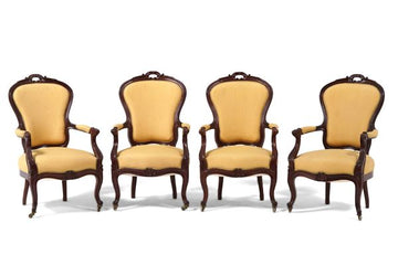 Set von Vier Armstühlen mit Gelbem Stoff, Ende des 19. Jahrhunderts, 57x57x97 cm pro Stück