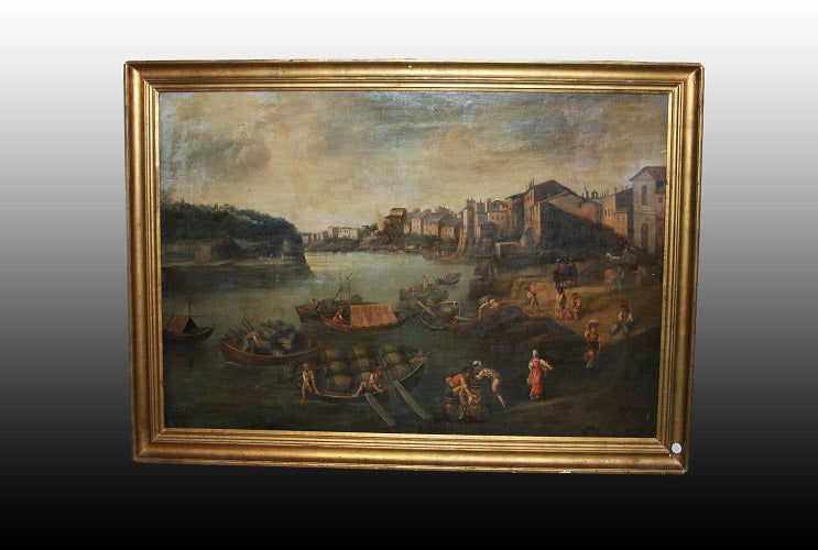 Grande olio su tela italiano del 1700 raffigurante Lavoranti al Porto