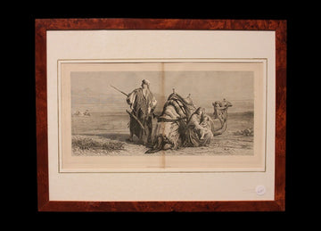Estampe française de 1800 représentant un chevalier berbère avec un chameau, une femme et un enfant
