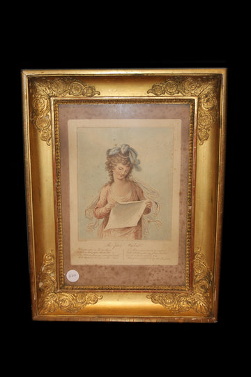 Petite gravure française portrait de dame du XIXe siècle avec magnifique cadre doré