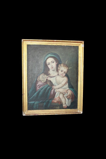 Huile sur toile espagnole du 1800 représentant la Madone avec l'Enfant Jésus