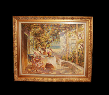 French Oil on Canvas Depicting Landscape Villa by the Seaside