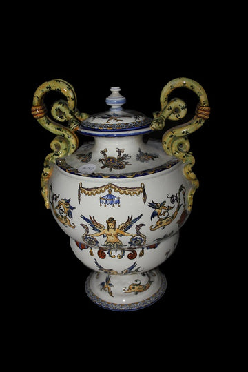 Grand vase français en céramique du début des années 1900 avec couvercle richement décoré