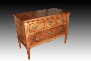 French chest of drawers from the early 19th century, Louis XVI style in walnut wood with geometric inlays and bronzes