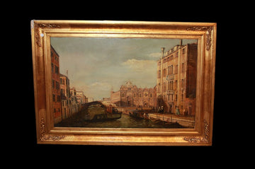 Olio su tela italiano del XX secolo firmato Mario Preti 1923 Raffigurante Veduta di Venezia