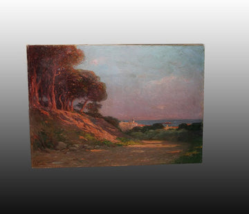 Olio su tela francese paesaggio Una pineta in riva al mare - Joseph Perrachon 1883 - 1969