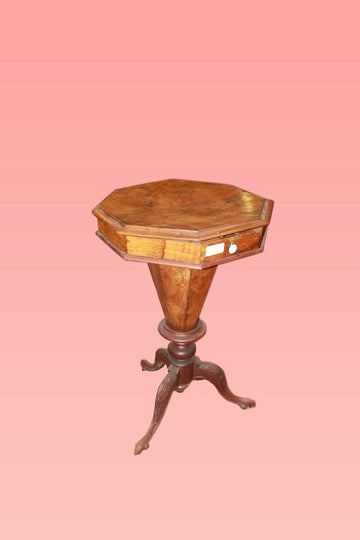 Antique English walnut Sewing Table from the 1800s in Victorian style