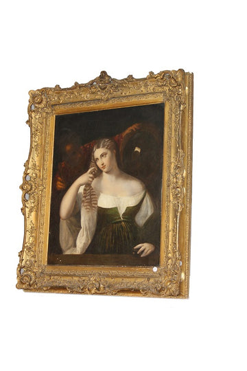 Antico Grande olio su tela francese del 1800 "Ritratto di Giovane Donna"