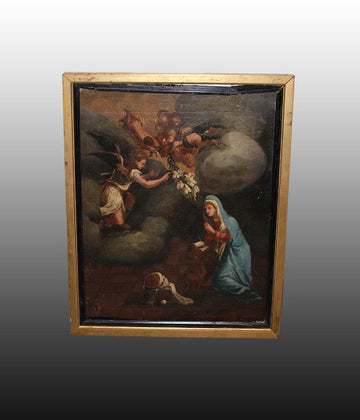 Huile sur toile italienne du début des années 1700 représentant l'Annonciation de la Vierge Marie