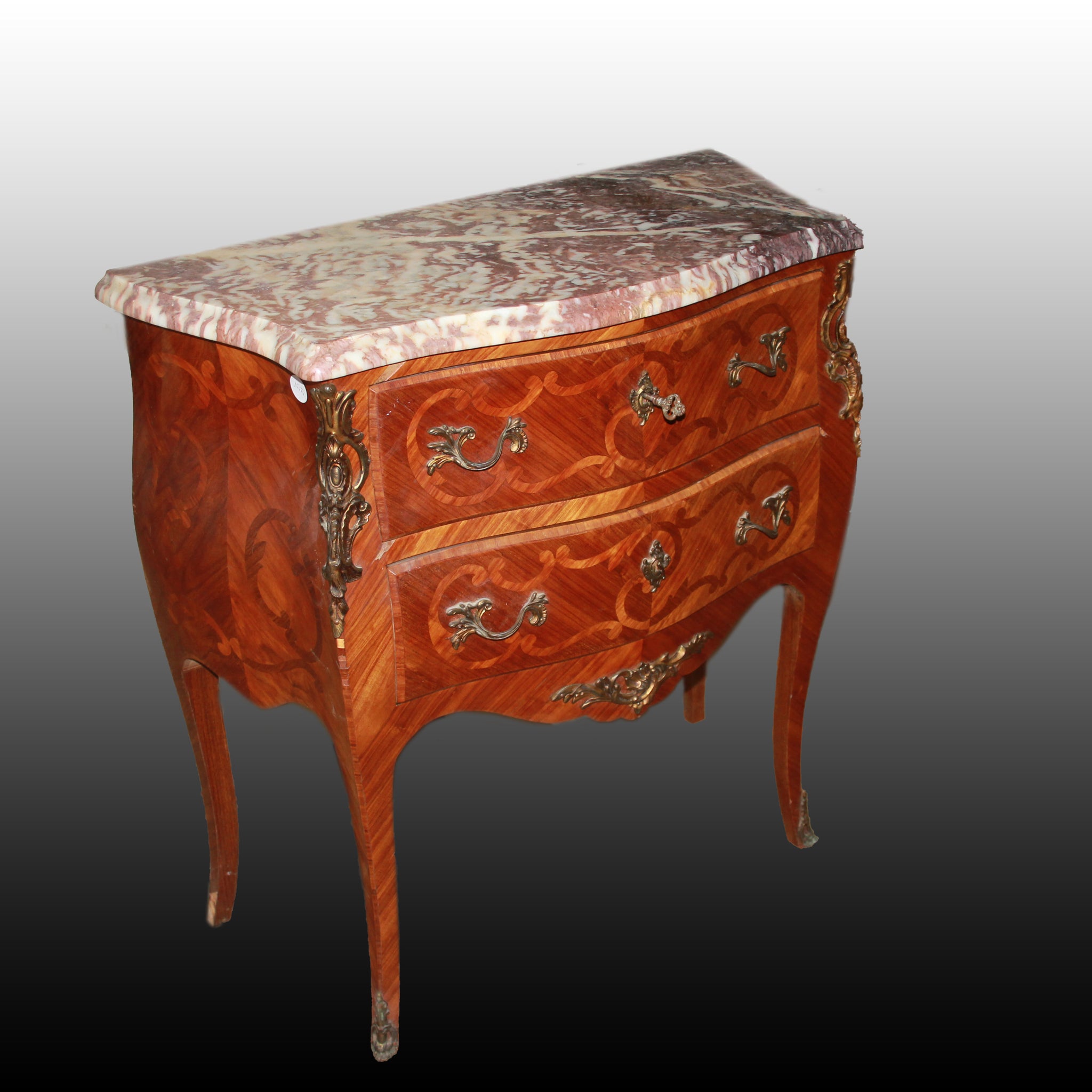 Piccolo cassettone comoncino francese della seconda metà del 1800 Luigi XV con marmo e intarsi