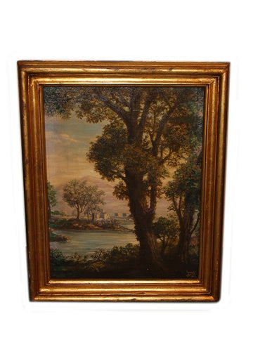 Huile sur toile italienne représentant un paysage avec vue sur mer du 19ème siècle