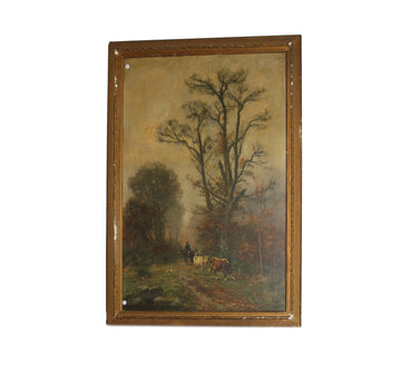 Grand tableau à l'huile sur toile français du 19ème siècle représentant une forêt avec des personnages