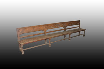 Grand banc rustique français des années 1800, 3 mètres et 49 cm de long