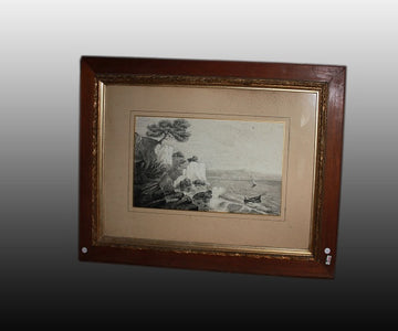Tableau ancien à l'encre SIGNÉ Vue mer avec cadre doré et chêne XIXème