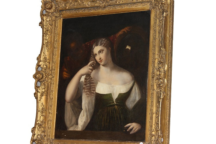 Antico Grande olio su tela francese del 1800 "Ritratto di Giovane Donna"