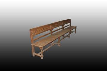 Grand banc rustique français des années 1800, 3 mètres et 49 cm de long