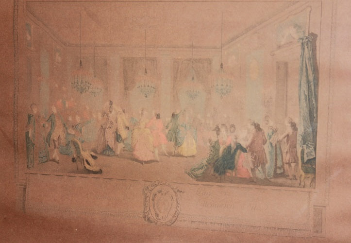 Stampa a colori francese del 1800 raffigurante "Ballo di Corte"