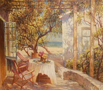 French Oil on Canvas Depicting Landscape Villa by the Seaside