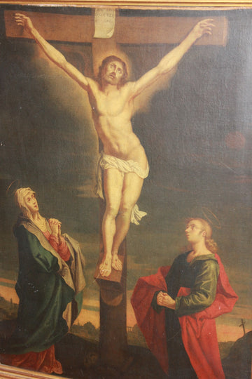 Huile sur toile française du XVIIIe siècle (1700) représentant la Crucifixion