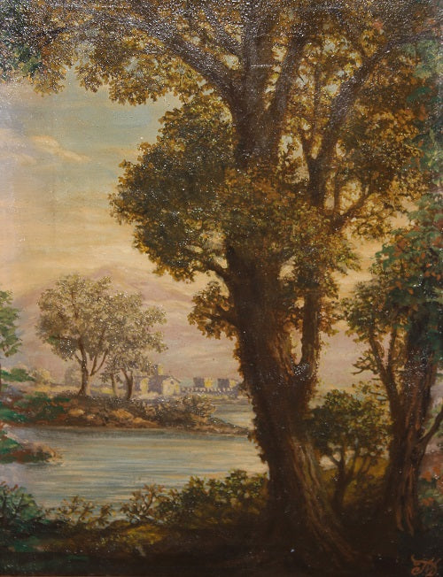 Olio su tela Italiano Raffigurante Paesaggio con veduta marina del XIX secolo