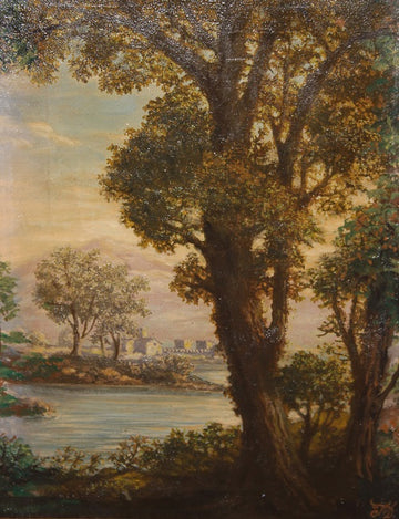 Huile sur toile italienne représentant un paysage avec vue sur mer du 19ème siècle