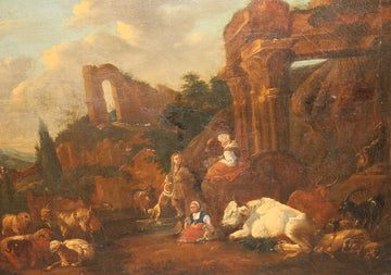 Huile sur toile de l'école flamande du XVIIème siècle représentant une scène pastorale avec des ruines