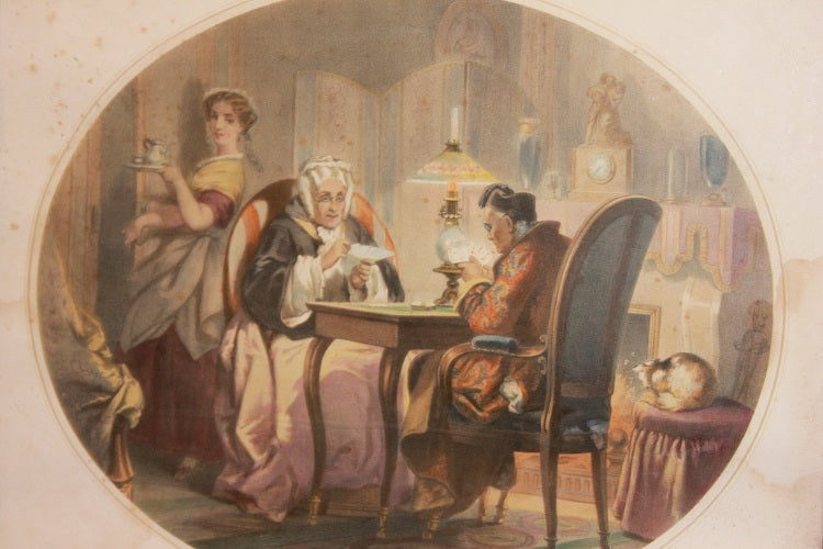 Stampa a colori francese del 1800 Scene di interno Personaggi che Giocano a Carte