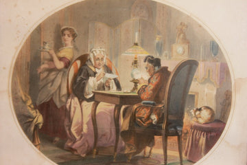 Impression couleur française de 1800. Scènes d'intérieur. Personnages jouant aux cartes.