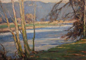 Huile sur toile du XXème siècle représentant Paysage fluvial avec forêt