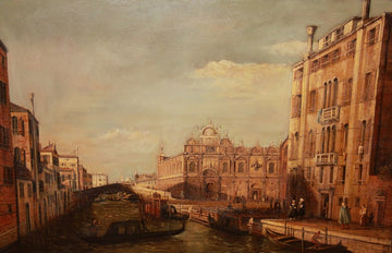 Olio su tela italiano del XX secolo firmato Mario Preti 1923 Raffigurante Veduta di Venezia