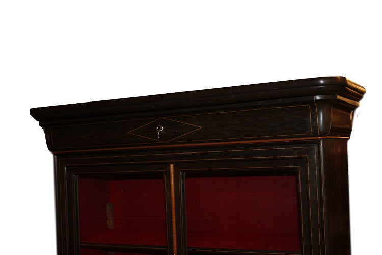 Vetrina libreria francese del 1800 stile Carlo X in legno di Ebano con intarsi
