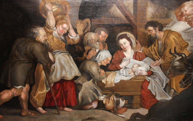 Olio su tela di inizio 1700 Raffigurante Adorazione del Bambin Gesù con Pastori e Donne Scuola Fiamminga