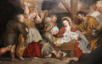 Huile sur toile du début des années 1700 représentant l'Adoration de l'Enfant Jésus