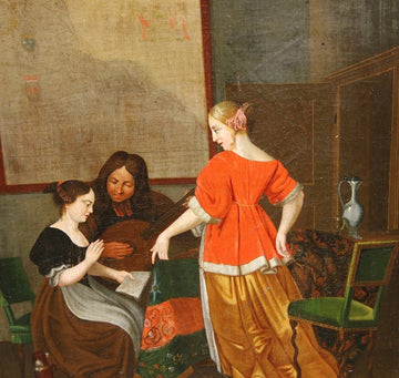 Huile sur toile allemande du XVIIe siècle représentant une leçon de musique