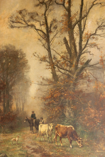 Grand tableau à l'huile sur toile français du 19ème siècle représentant une forêt avec des personnages