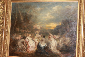 Olio su tela francese "Baccanale con Ninfe" Firmato Marie Rosalbin de Buncey 1833 - 1891