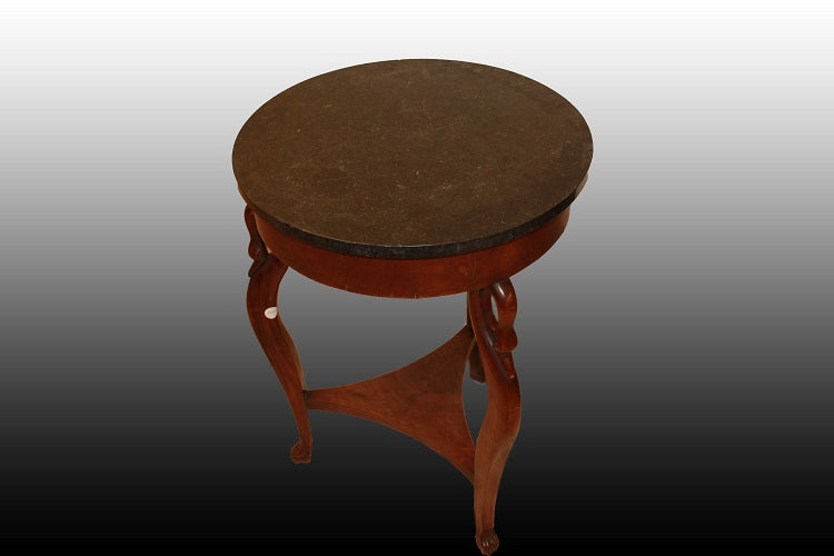 Tavolino Impero del 1800 in legno di mogano con piano circolare in marmo nero