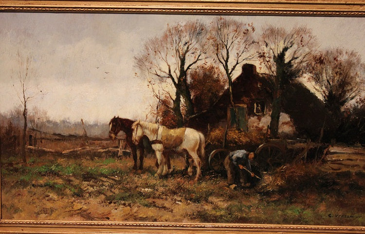 Olio su tela raffigurante scena campestre firmato Cor Bouter 1888-1966 (C.Verschuur)