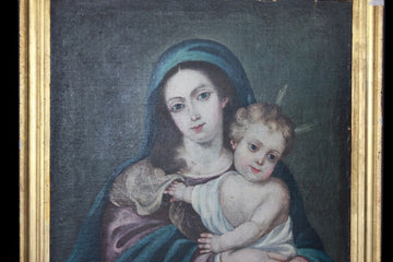 Huile sur toile espagnole du 1800 représentant la Madone avec l'Enfant Jésus